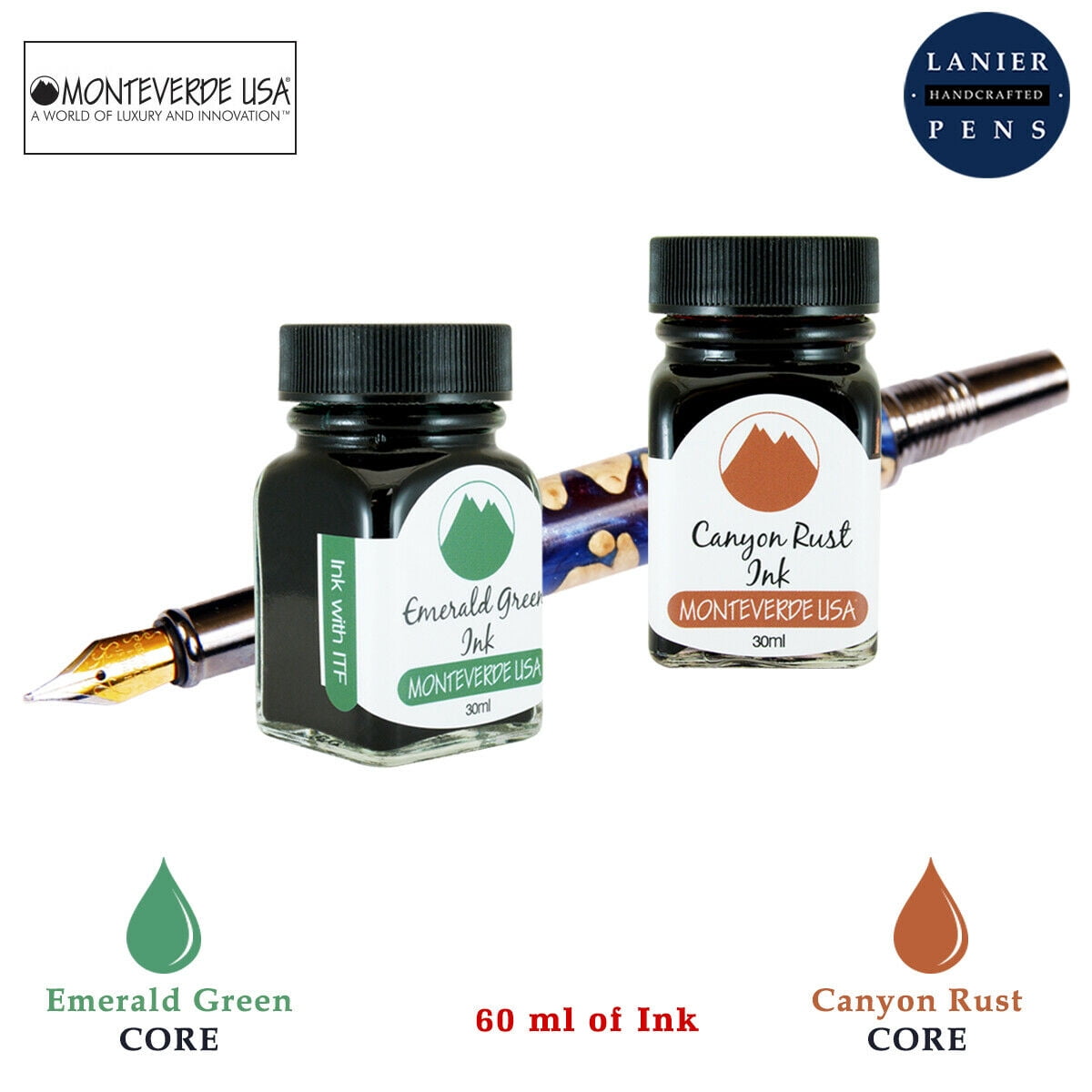 Monteverde 60ml Core Fountain Pen Ink Bottle (30ml Emerald Green Ink Bottle G309EG, 30ml Canyon Rust Ink Bottle G309CP)