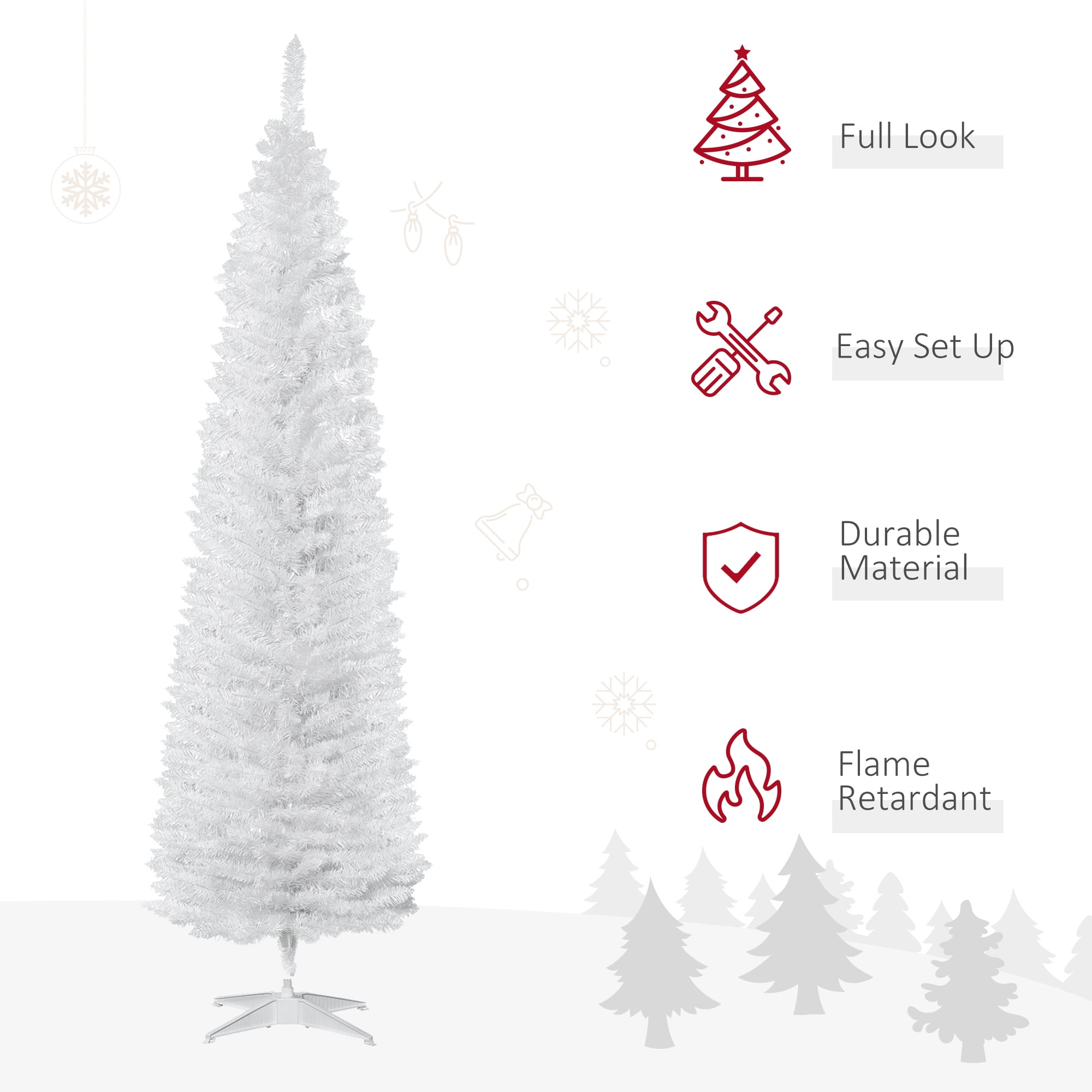 7FT White Slim Pencil Artificial Christmas Tree, 499 Plastic Branch Tips, Detachable Sturdy Plastic Base, Easy Storage, Indoor Holiday Decor