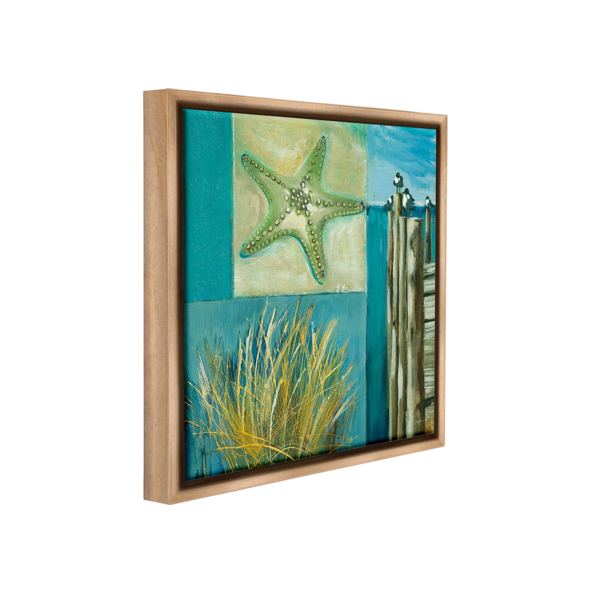 Stupell Industries Modern Beach Dock Collage Landscape Painting Brown Floater Framed Canvas Art Print Wall Art, 18 x 18