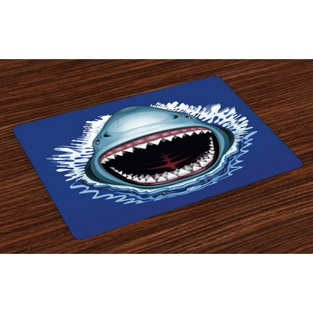 Shark Placemats Set of 4 Attack of Open Mouth Sharp Teeth Sea Danger Wildlife Ocean Life Cartoon, Washable Fabric Place Mats for Dining Room Kitchen Table Decor,Navy Blue Grey Fuchsia, by (Best Place To Find Shark Teeth In Myrtle Beach)