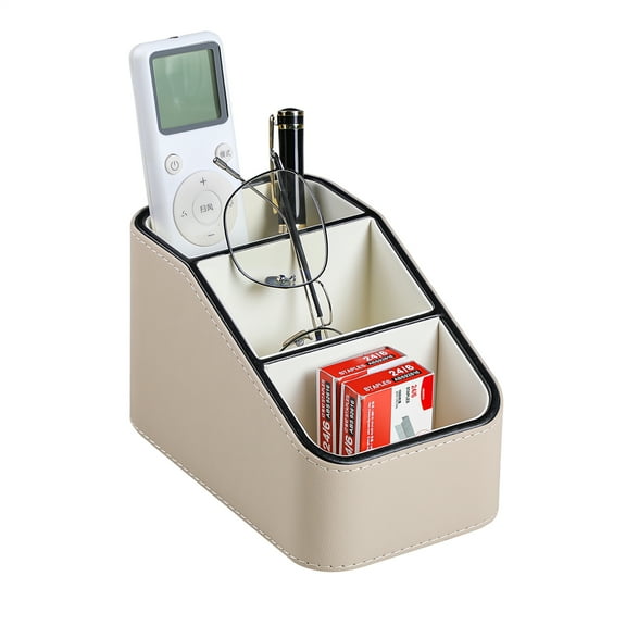 PU Leather Remote Control Holder, Small Desk Organizer Office Supply Bedside Caddy for Nightstand End Table Couch, Pen Remote Organizer with 3 Compartments (Beige)