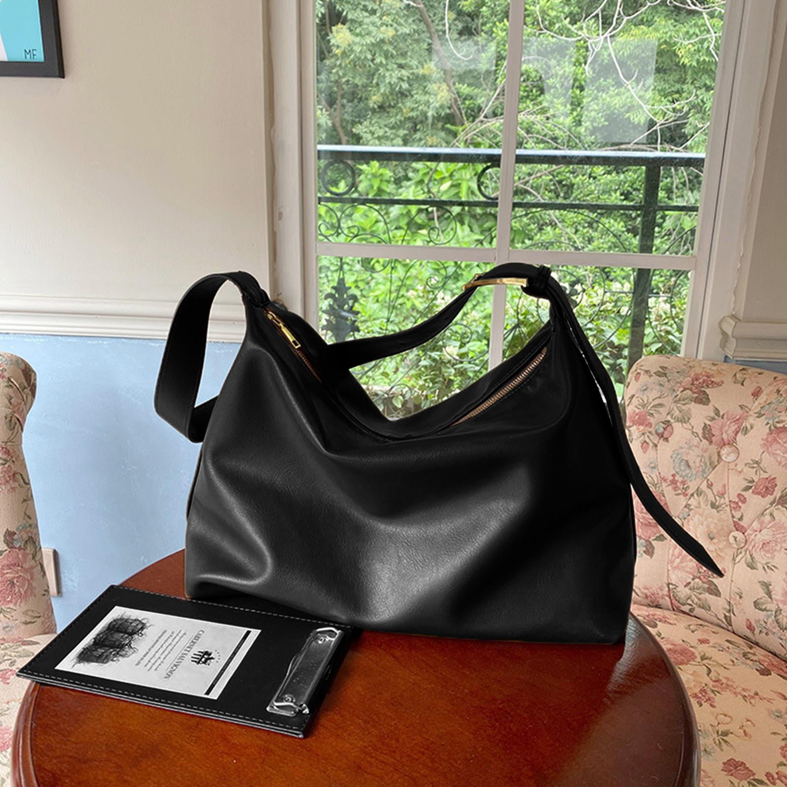 Stylish Women Shoulder Bag Pure Color with Zipper Pocket Adjustable Strap Tote Leather Hobo Purse Handbag for Ladies Travel Black