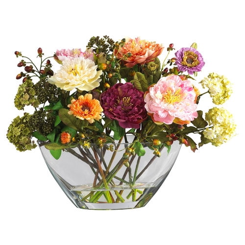 Mixed Peony W/Glass Vase Silk Flower Arrangement