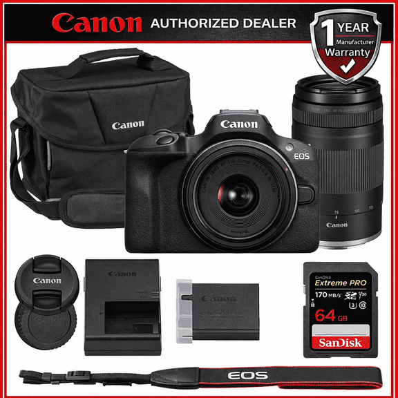 Canon EOS R100 Mirrorless Camera with 18-45mm & 75-300mm Lens Bundle with Canon 200ES EOS Shoulder Bag   64GB Extreme PRO Memory Card
