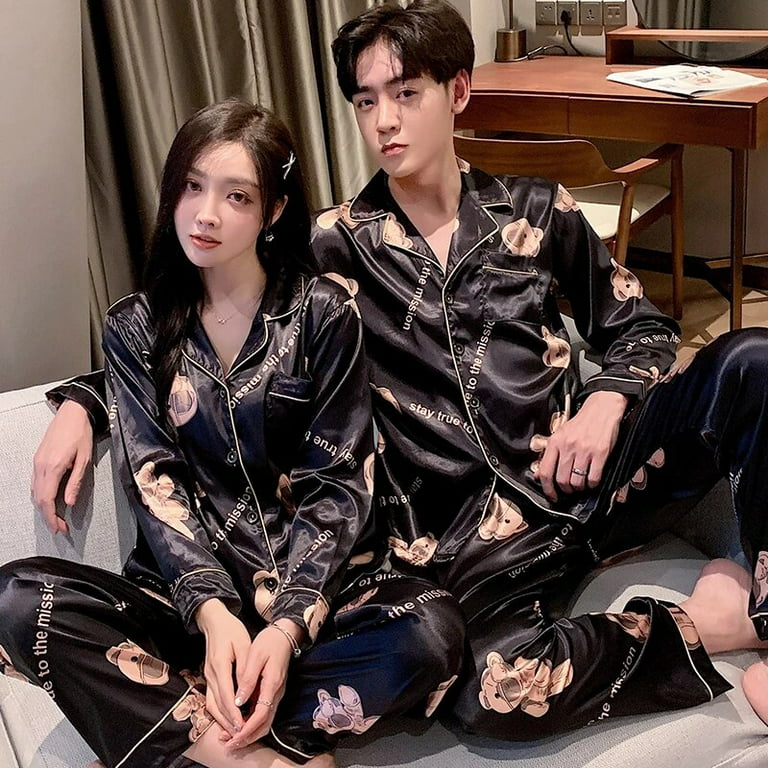 Men Women Silk Satin Pajamas Set Couple Sleepwear Lovers Unisex Nightwear  Plus