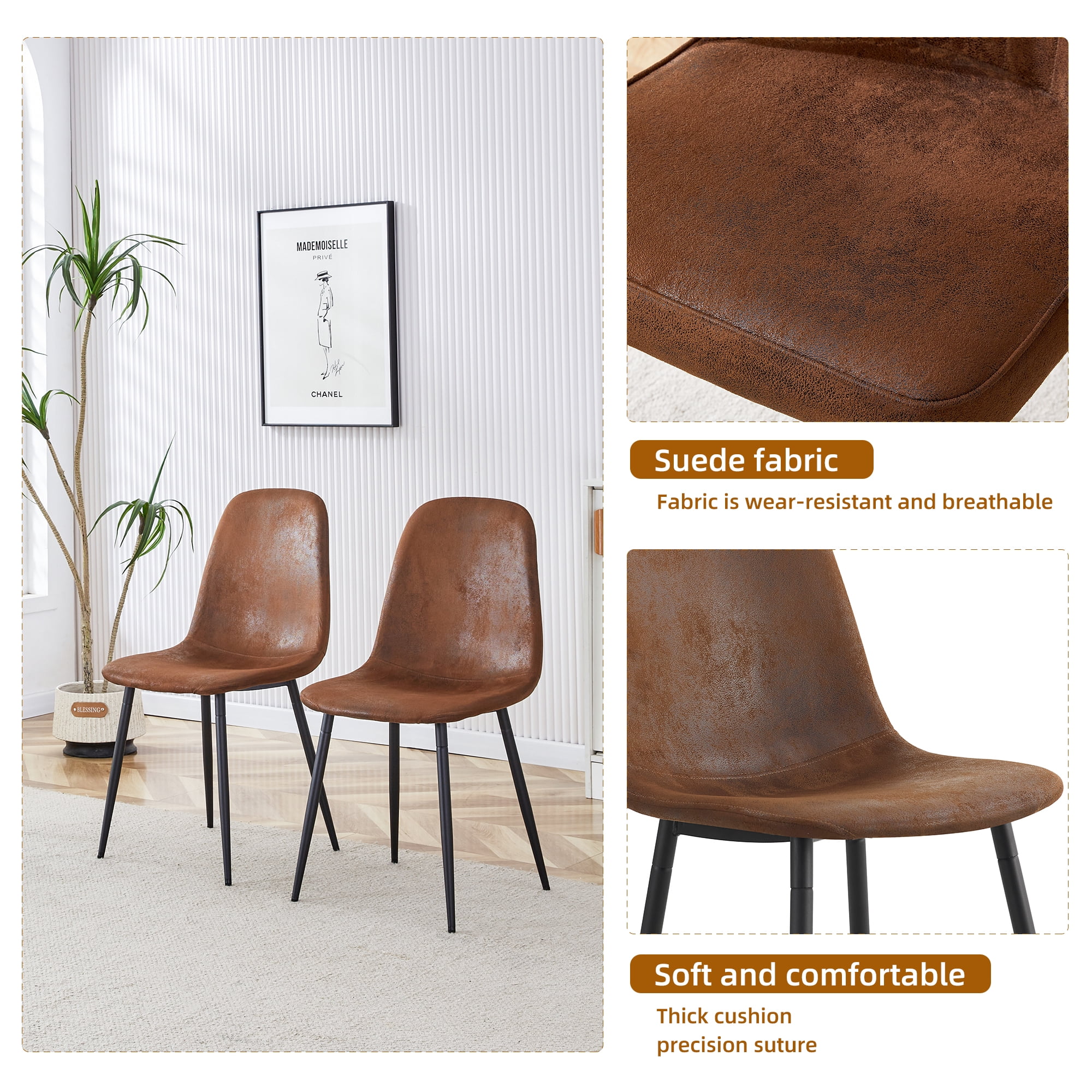 TesNus Dining Chairs Set of 4 Faux Leather Brown Upholstered Black Metal Legs for Dining Room Living Room