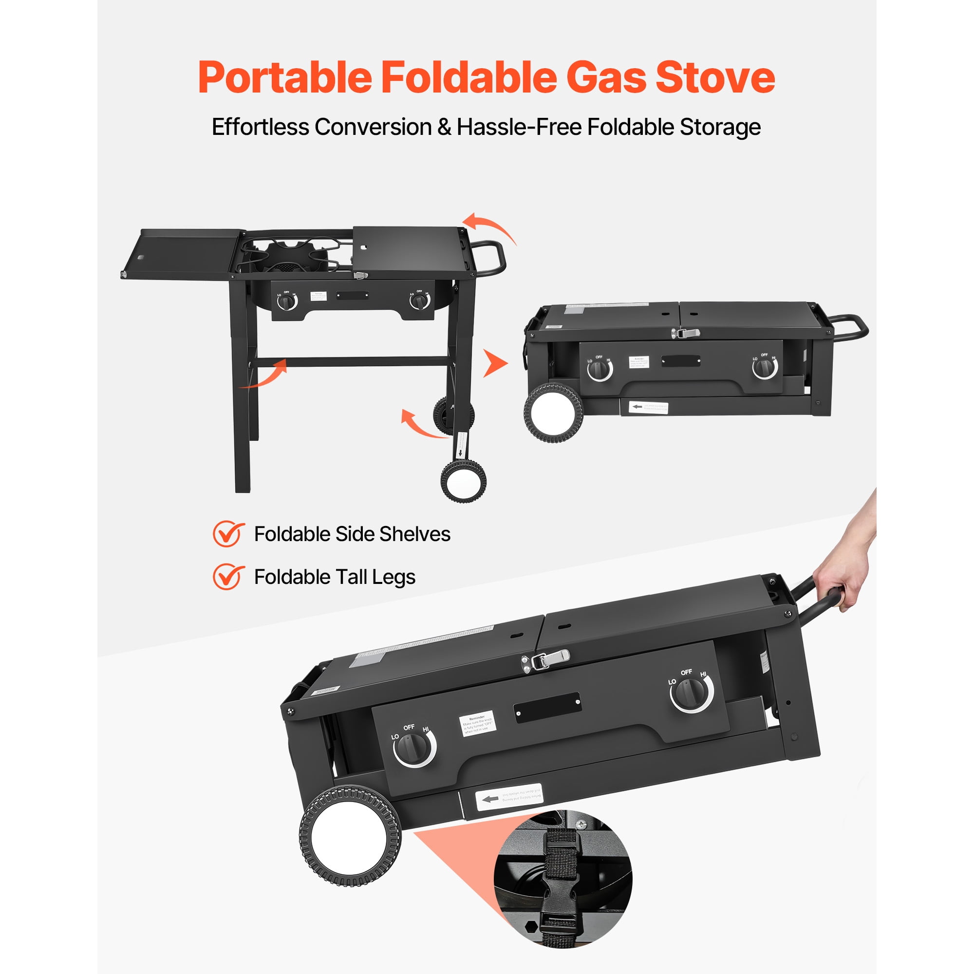 KFFKFF 2-Burner Outdoor Propane Gas Stove, 150,000 BTU LPG Camping Cooker, Foldable Heavy-Duty Carbon Steel Design with Wheels, Shield, and 20 PSI Regulator, Ideal for BBQs, Camping,and Patio Cooking