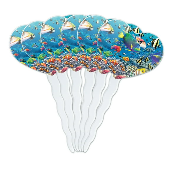 Ocean Coral Reef Angel Clown Fish Diving Heart Love Cupcake Picks Toppers Decoration Set of 6