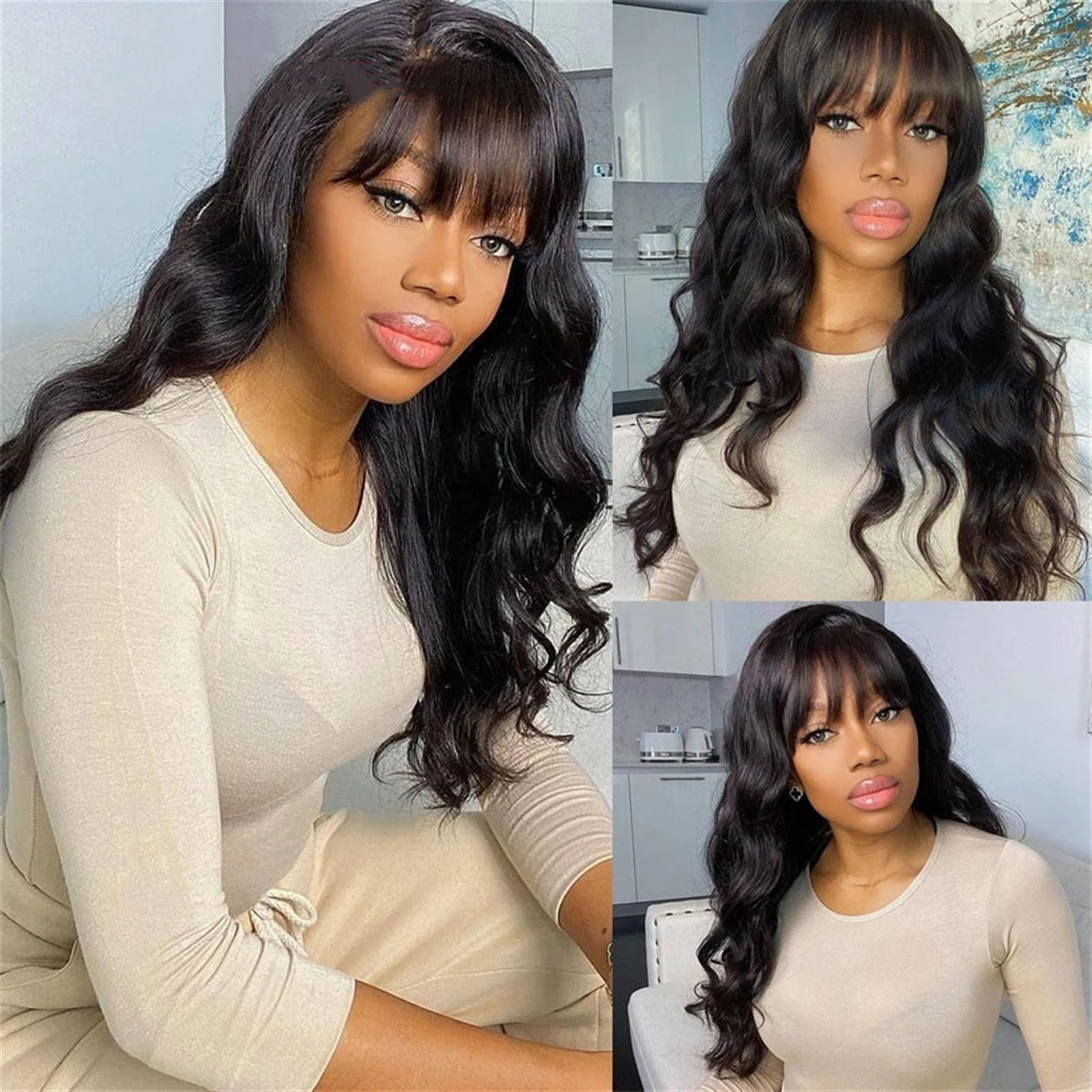 Wig with Bangs Human Hair Body Wave None Lace Front Wigs for Black Women 14-40 Inch Long Glueless Full Machine Remy Hair Wig, Natural Color