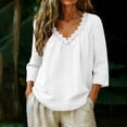 thumbnail image 2 of Womens T shirt 3/4 Sleeve Summer Tops V Neck Lace Trim Blouses Soft Cotton Linen Solid Color Tops Trendy Retro Autumn clothes Embroideried Pretty Outfits, 2 of 6