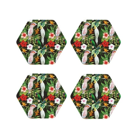 

Coasters Set of 4 - Artsy Cute Parrot Palm Leaves Drink Coasters for Tabletop Protection Leather Coasters for Living Room Decor and Housewarming Gift Hexagon
