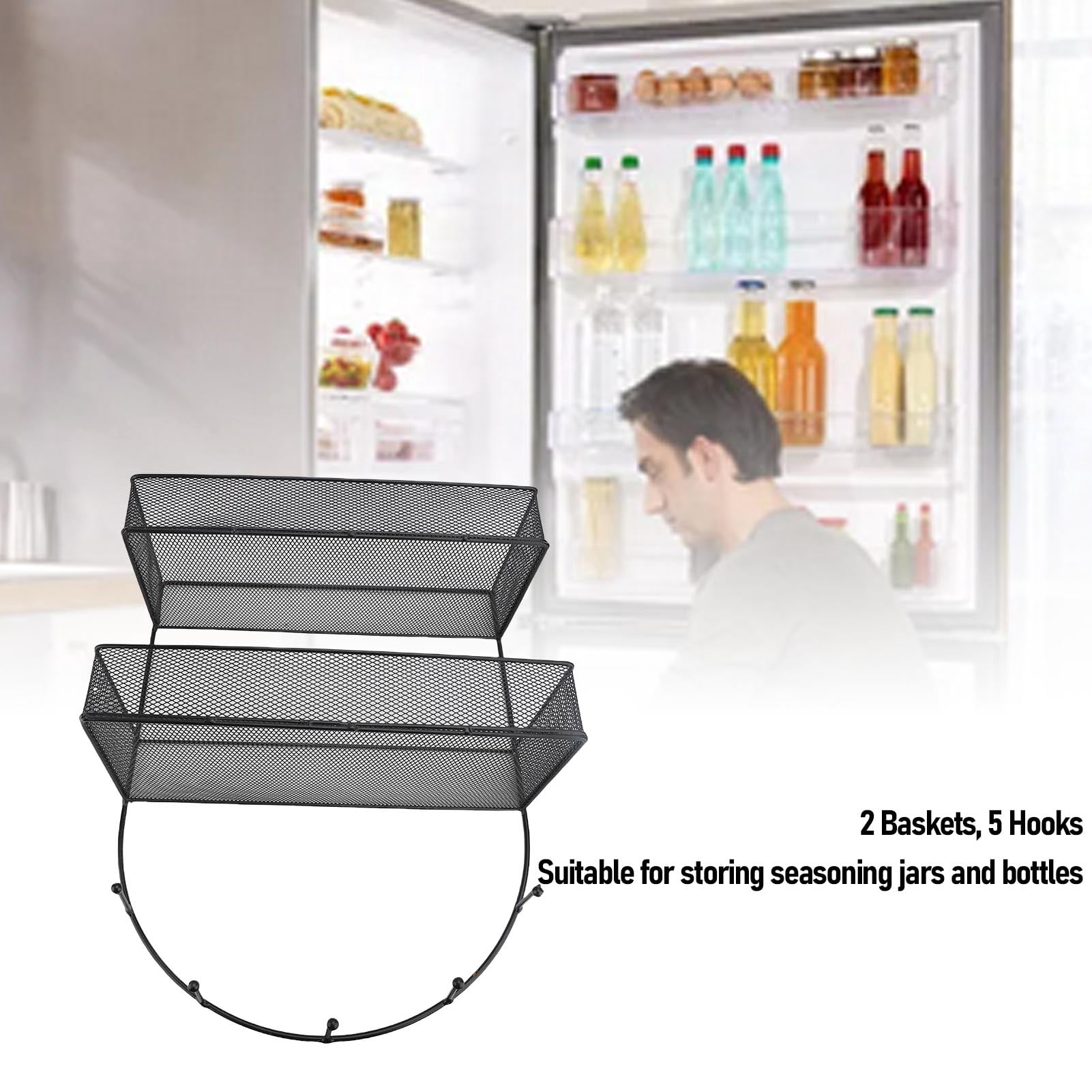 BIMZUC Fridge Side Hanging Rack 2 Tier Seasoning Storage Organizer Shelf with Hooks for Kitchen Black (14.2 x 5.9 in / 36 x 15 cm)