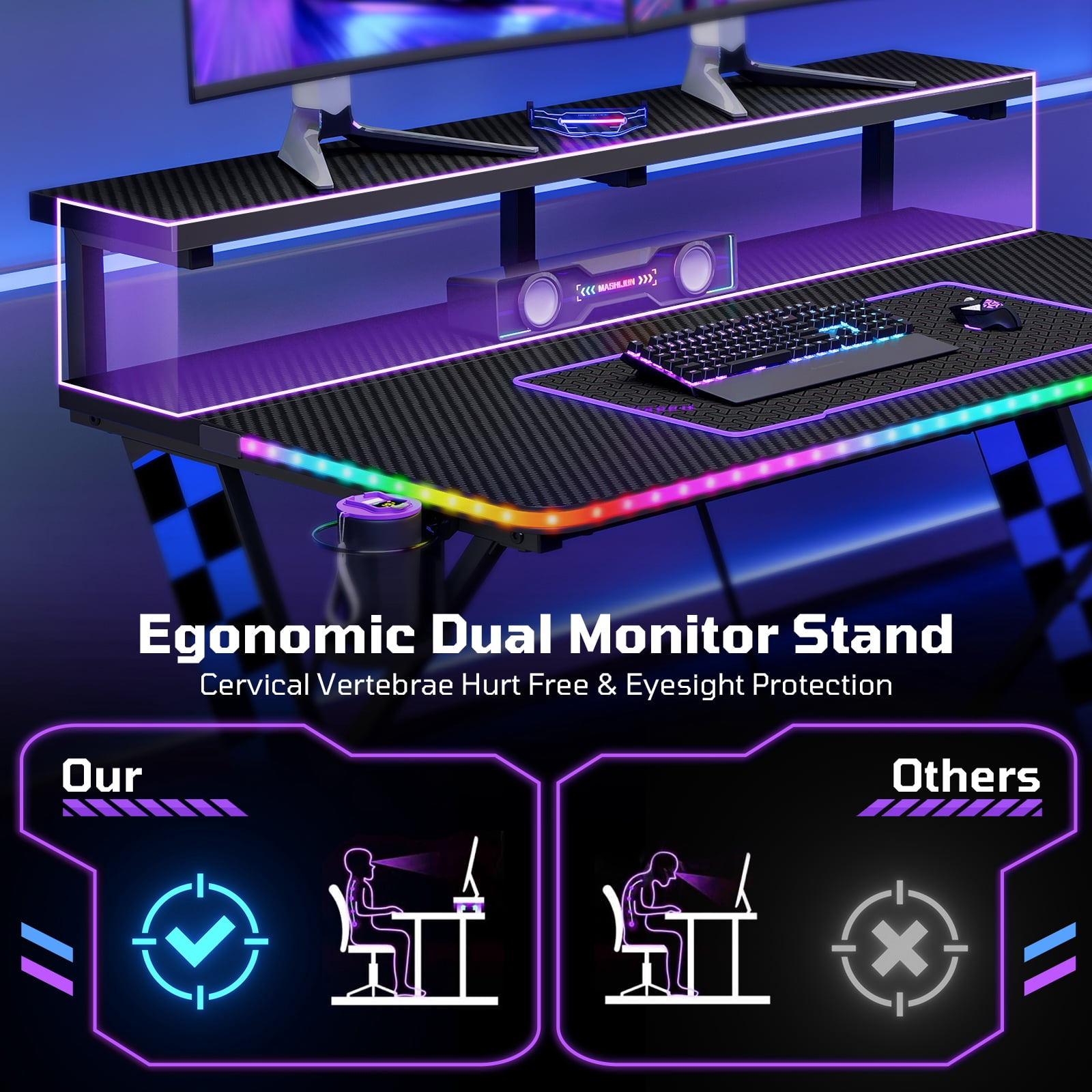 RSPGAME 43" Music Sync LED Gaming Desk,X-Shape Ergonomic Monitor Stand Gamer Table,PC Desk with Dynamic Lighting,Color Changing Office Desks,Blue Racing