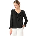 thumbnail image 1 of INSPIRE CHIC Blusa de gasa con cuello en V con volantes para mujer, manga de pulsera, blusa campesina vintage Negro XL, 1 of 6