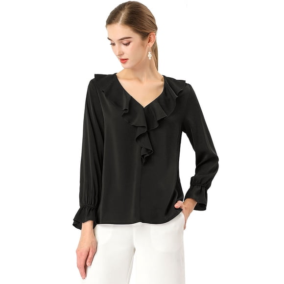 Blusa de gasa con cuello En V con volantes Allegra K Campesina vintage Negro XS