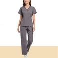 thumbnail image 3 of OGLCCG Women Scrubs Set V-Neck Stretch Short Sleeve Top & Cargo Jogger Pants Solid Color Nurse Work Medical Uniform Workwear,L,Gray, 3 of 3