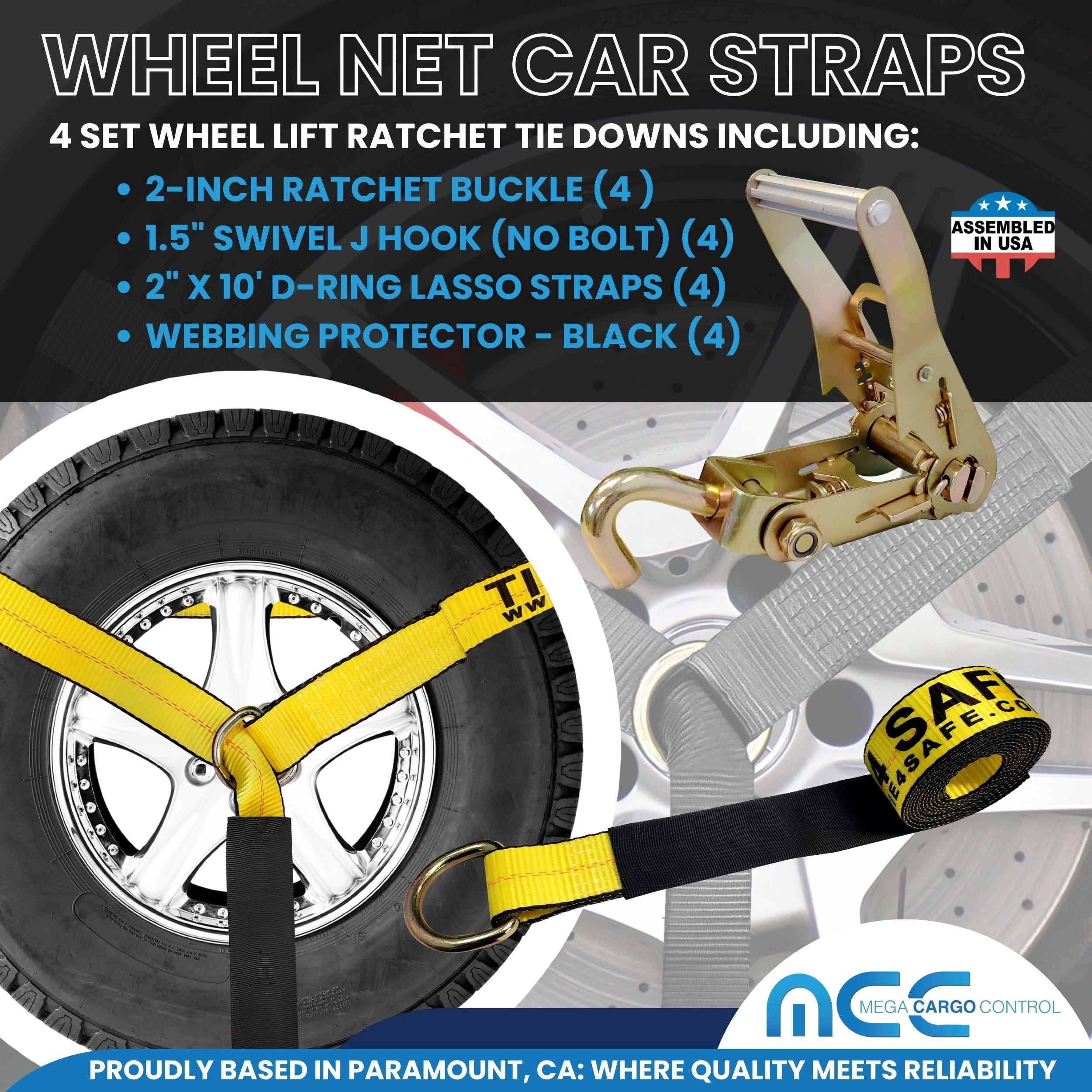 Mega Cargo Control Side Mount Wheel Net Straps with Swivel J Hook Ratchet Buckles, 2" x 10' D-Ring Lasso Strap, 4 Pack, Yellow