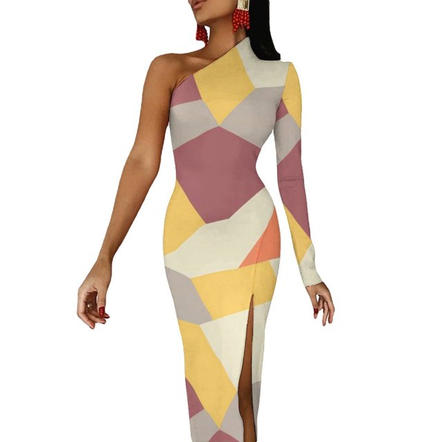 Vibrant Color Block Maxi Dress One Shoulder Abstract Geometric Aesthetic Bodycon Dresses Summer Dress Woman Pattern Vestido
