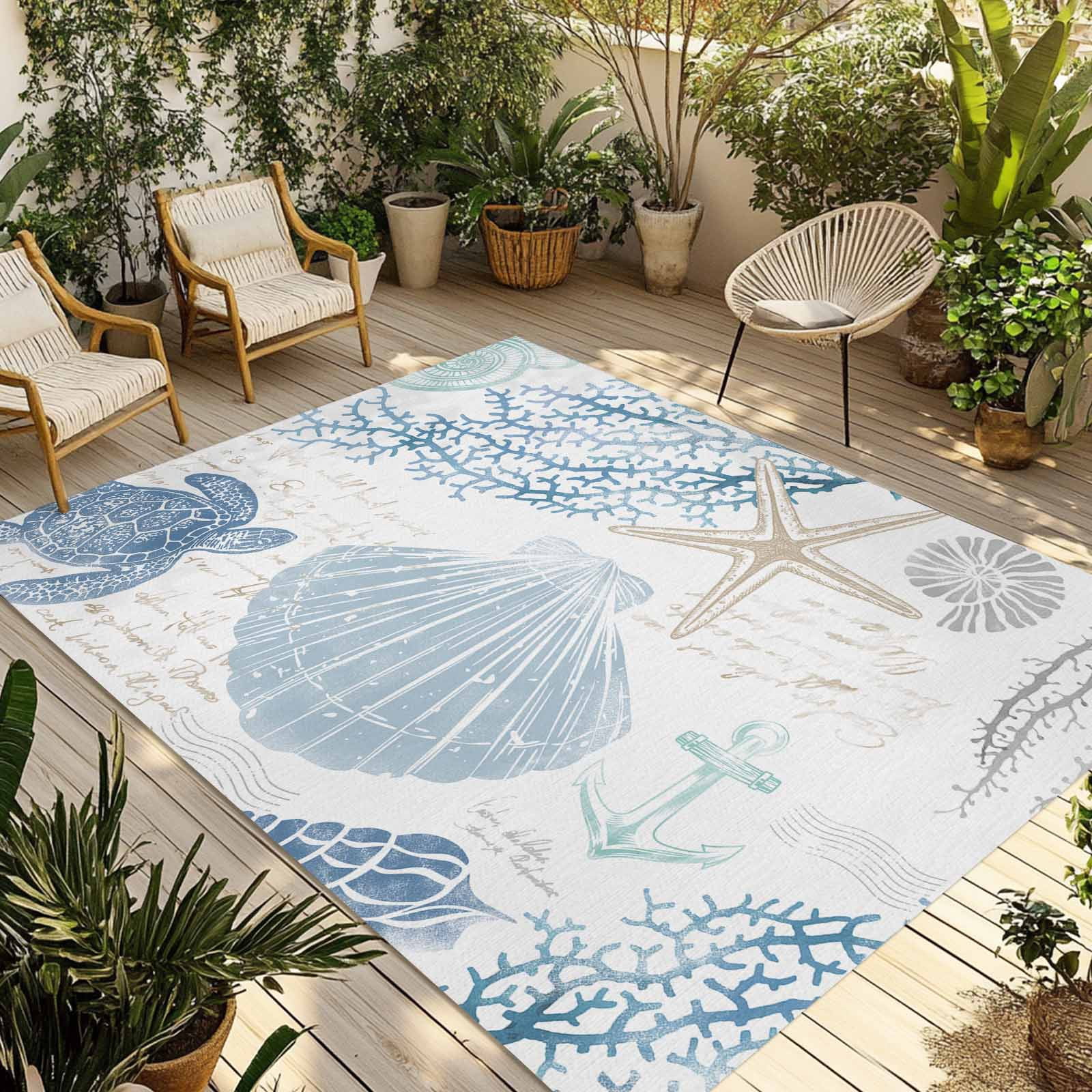 Outdoor Rug 6x9 ft Blue Coastal Ocean Beach Themed Waterproof Outdoor Patio Rug Mat Non Slip Outside Area Rugs Carpet for RV,Camping,Porch,Deck,Pool,Balconybackyard,Sea Turtle Starfish Shell