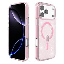Glitter Magnetic PC & TPU Case for iPhone 17 Pro Max with Tempered Glass Screen Protector - Pink