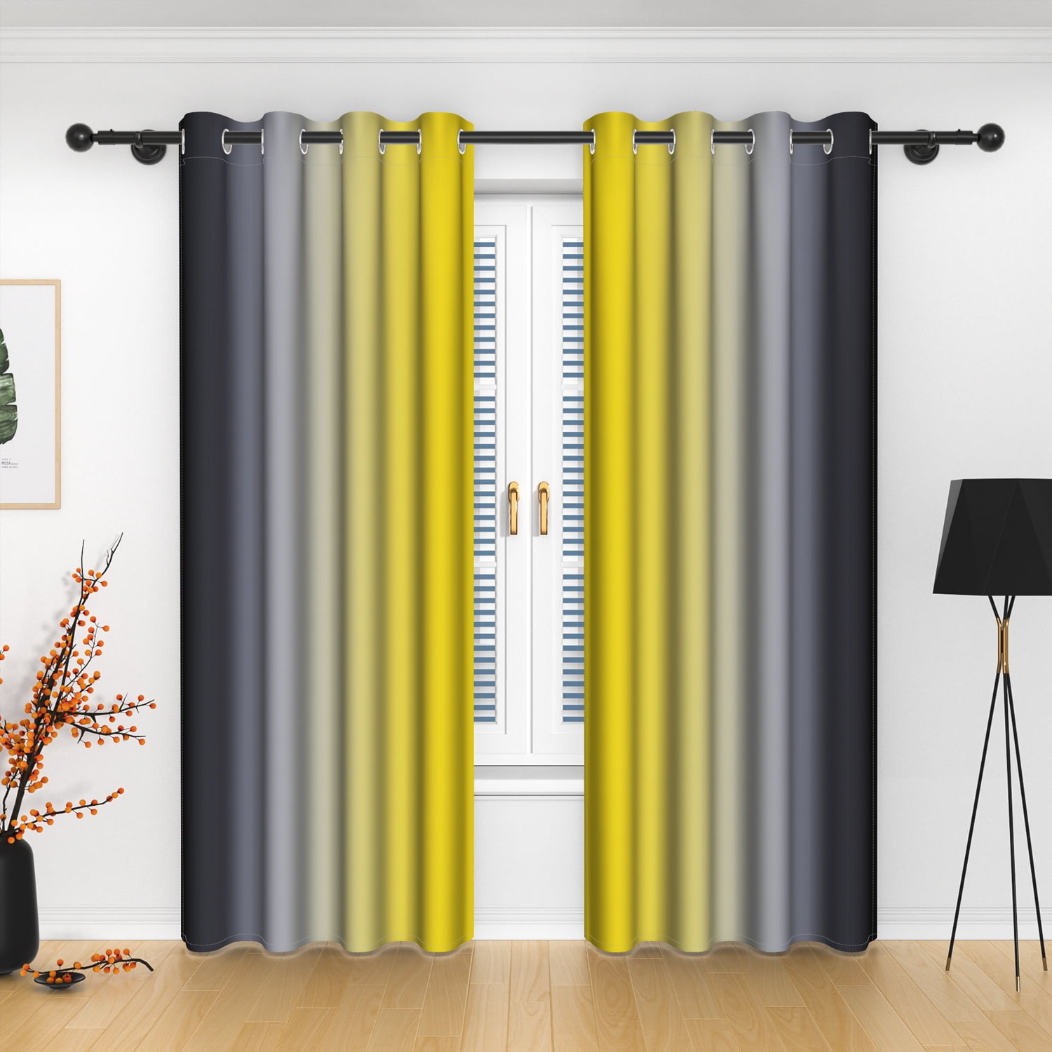 Lfeey Yellow Room Darkening Curtains, Gradient Black Ombre Blackout Curtains, Living Room Kids Bedroom Decorative Privacy Curtains, 52W X 96L, 2 Panels