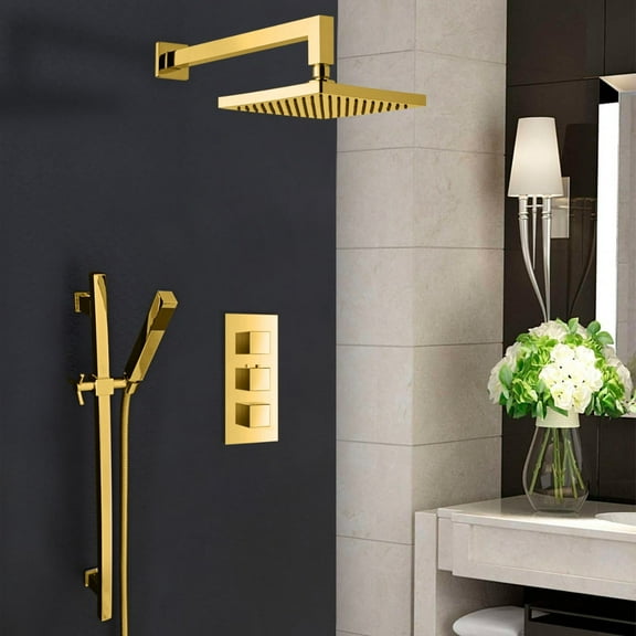 Juno Gold Plated Wall Mount Square Shower Head Set with Hand Shower