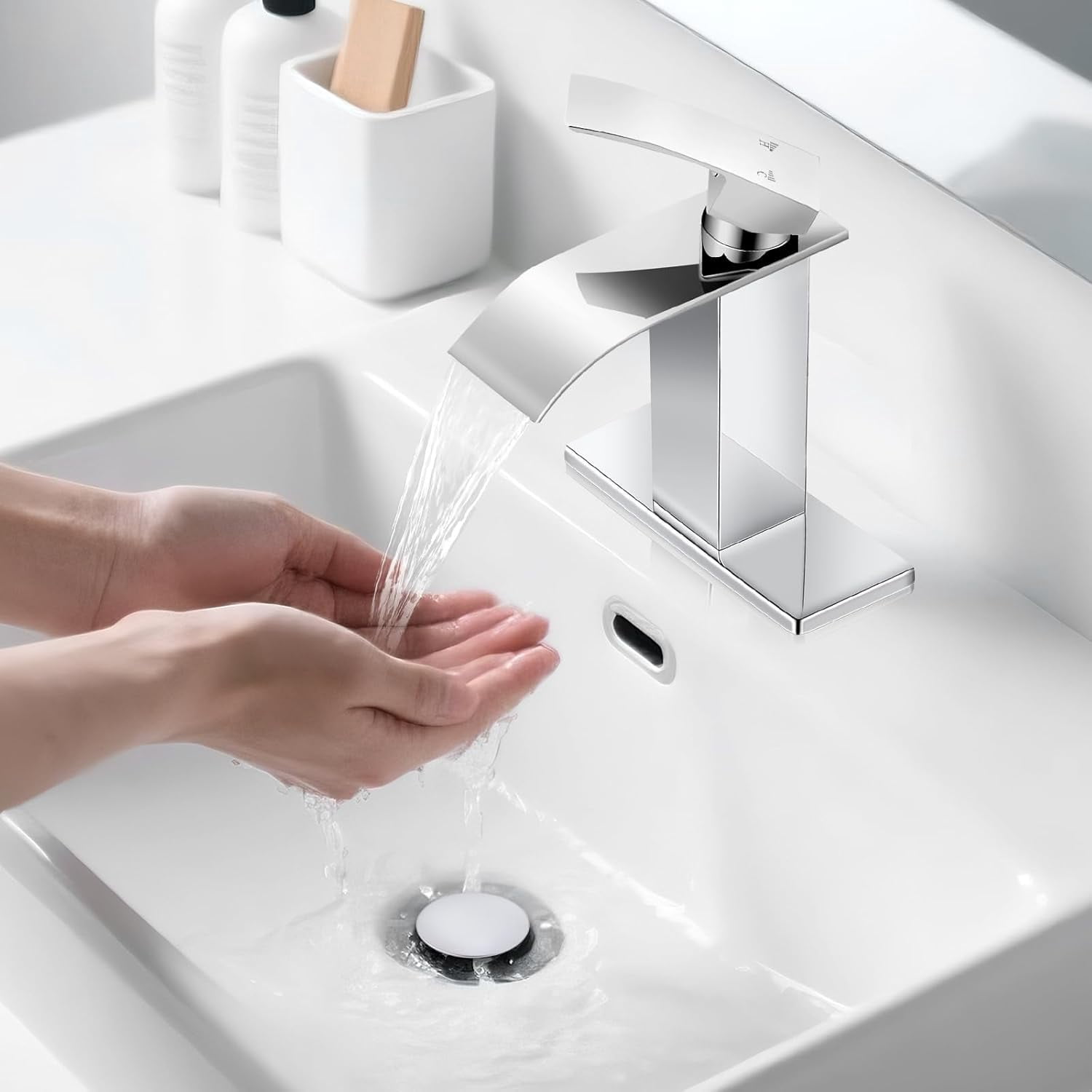 ORB Bathroom Faucets, Waterfall Bathroom Sink Faucet Modern Single Handle Bathroom Faucte 1 or 3 Hole, RV Mixer Tap Vanity Faucet - Includes Pop-up Drain Supply Hoses Deck Plate