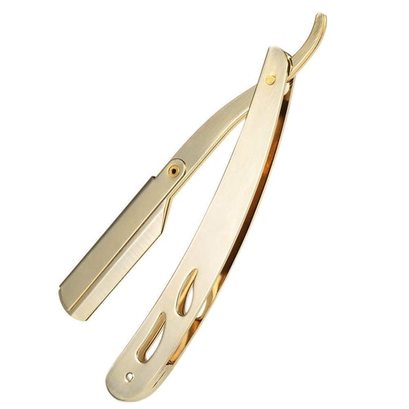 Sicastar - Maquinilla de afeitar de acero inoxidable con borde recto, plegable, recta, cuchillas reemplazables de un solo filo, aptas para todas las cuchillas de afeitar de doble filo (dorado)
