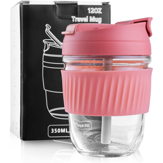 Vaso de vidrio con funda de silicona y tapa con pajita, 350 ml/rosa
