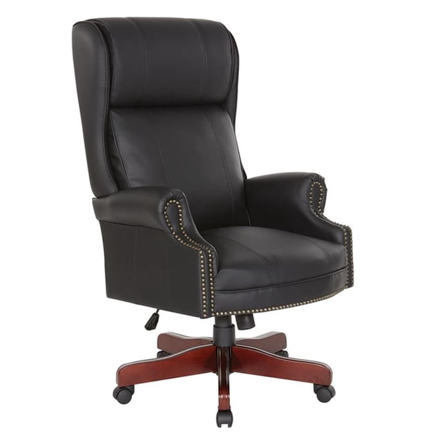 Pemberly Row Chaise à Dossier Haut avec Revêtement en Vinyle Noir et Fini Laiton à Clous Décoratifs