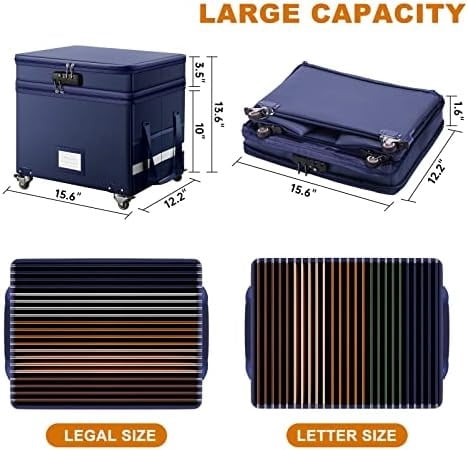 File Box with Lock, 2-Layer Fireproof Document Box with Wheels,Collapsible File Storage Organizer with Pockets,Large Portable Office Filing Cabinet Hanging Folders,Blue,16''x13.8''x12.2''