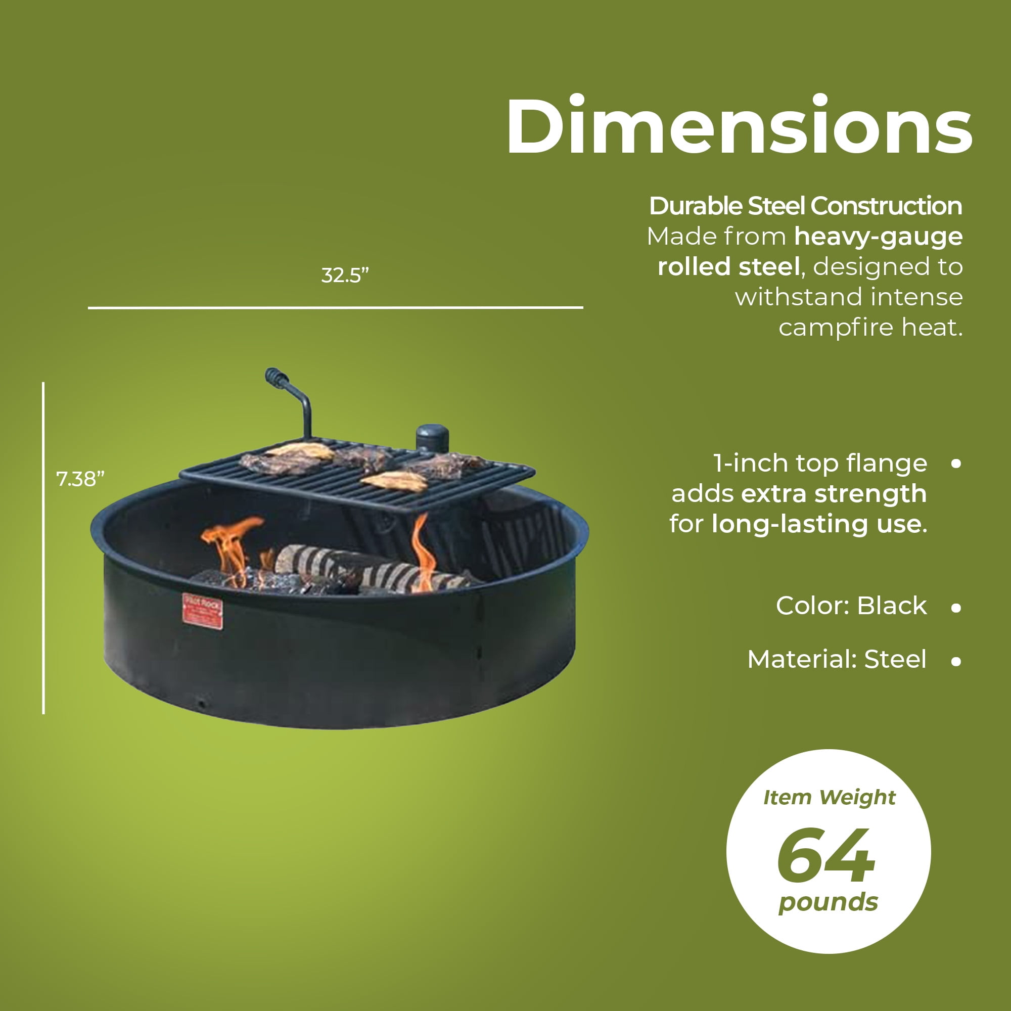 Pilot Rock 30 Inch Steel Ground Fire Pit Ring and Cooking Grate, Black