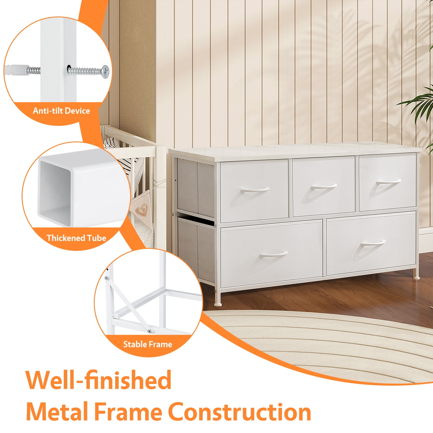 Modern 5 Drawer Fabric Dresser, Chest of Drawer Organizer Storage Cabinet for Bedroom Clothes Closet, Entryway,White