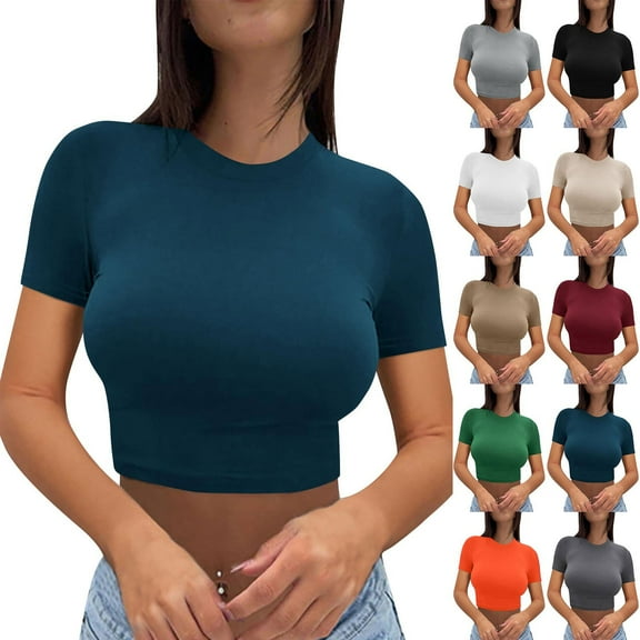 Dxzfnsa Women's Crop Tops Summer Short Sleeve Cotton Round Neck Casual Loose Cropped T-Shirts Solid Basic Tees S-2XL
