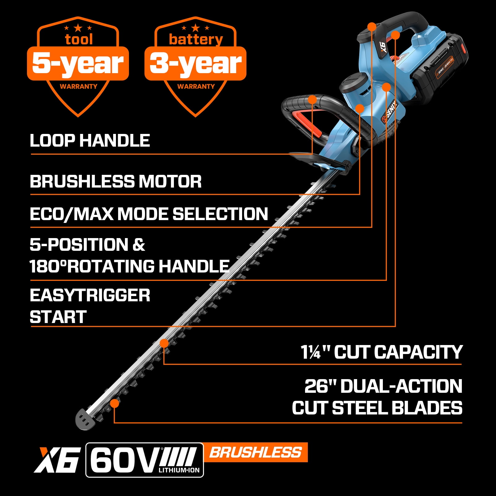 SENIX X6 60 Volt Max* 26-inch Cordless Brushless Hedge Trimmer with 3Ah Battery & Charger Included, Rotating Head, Dual-Action Blades, 1-1/4" Cutting Capacity HTX6-M1