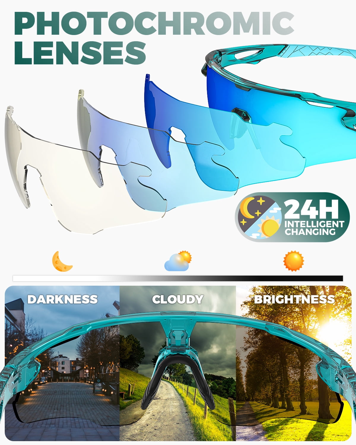 VICTGOAL Photochromic Cycling Glasses for Men Women, Clear Bike Glasses with UV400 Protection, Sports Running Sunglasses Goggles