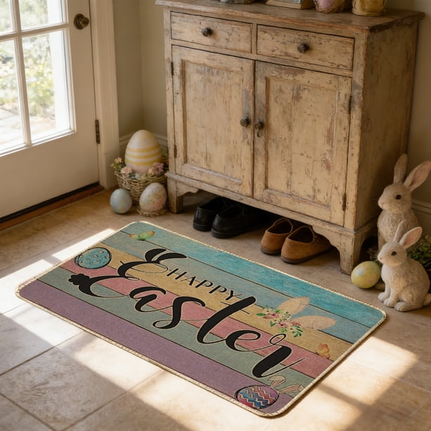 Decoraciones de Pascua: Alfombra de madera con vetas de madera y lino estilo vintage, felpudo con estampado de conejos a rayas, alfombra absorbente de lino y tapetes de poliéster de 24 x 16 pulgadas.