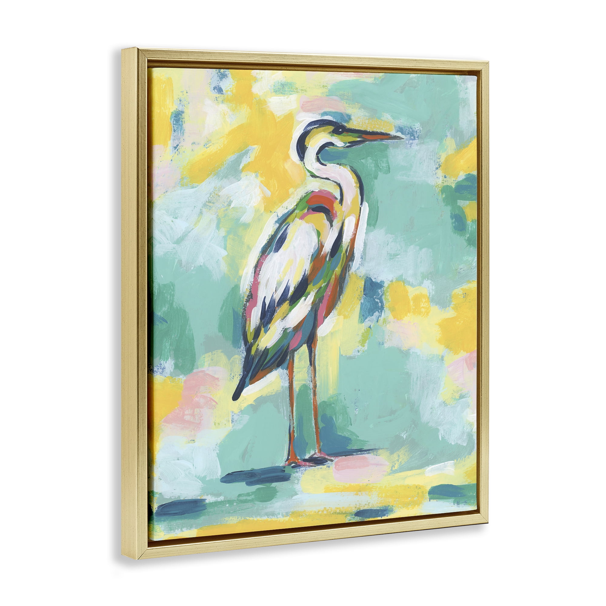 Stupell Industries Yellow & Blue Heron Animals Painting Gold Floater Framed Canvas Art Print Wall Art, 17 x 21
