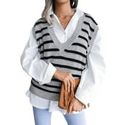 Yuemengxuan Women Striped Sweater Vest, Loose Sleeveless Deep V-neck Knitted Tops for Autumn