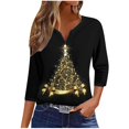 thumbnail image 2 of Puntoco Camiseta informal con cuello en V y botones con estampado navideño de moda para mujer, blusa holgada de manga 3/4, 2 of 5