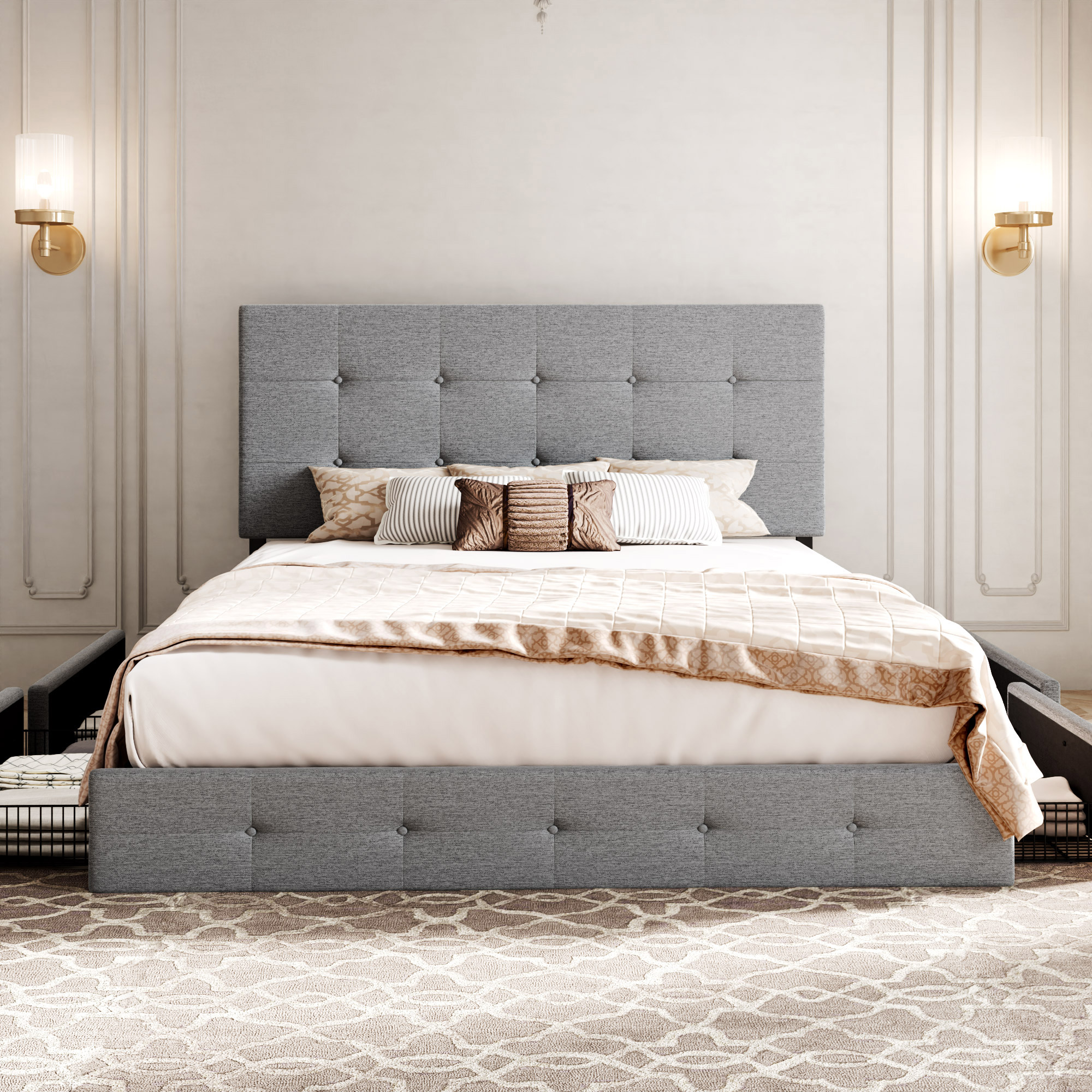 Allewie Light Grey Queen Platform Bed Frame with 4 Drawers Storage and Square Stitched Button Tufted Upholstered Headboard - image 3 of 8