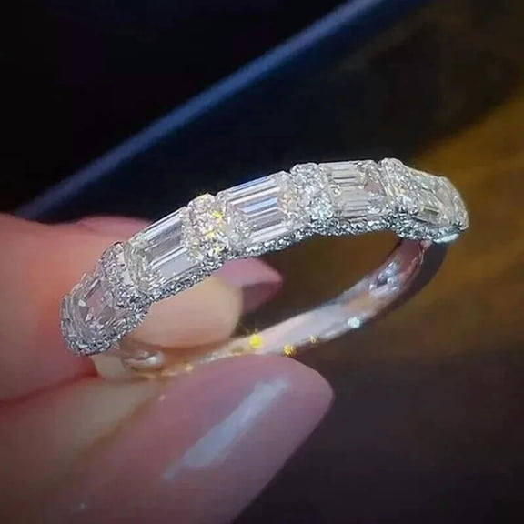 2Ct Emerald Cut Simulated Diamond Custer Half Eternity Women's Wedding Band 14K White Gold Plated 925 Sterling Silver
