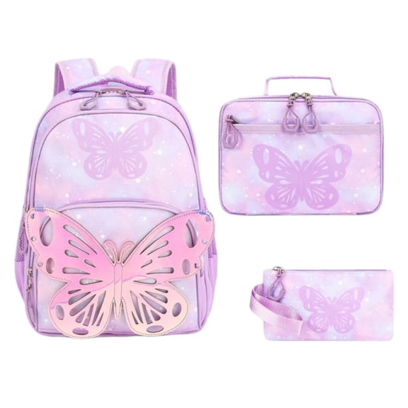 3-Piece Backpack Set, Butterfly Schoolbag with Insulated Lunch Bag & Pencil Case, Lightweight Water Resistant Bookbag
