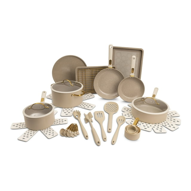 Taupe 32-piece aluminum cookware set with non-stick finish featuring various pots with glass lids, frying pans, baking sheets including a muffin tray and cooling rack plus matching taupe cooking utensils and measuring cups.