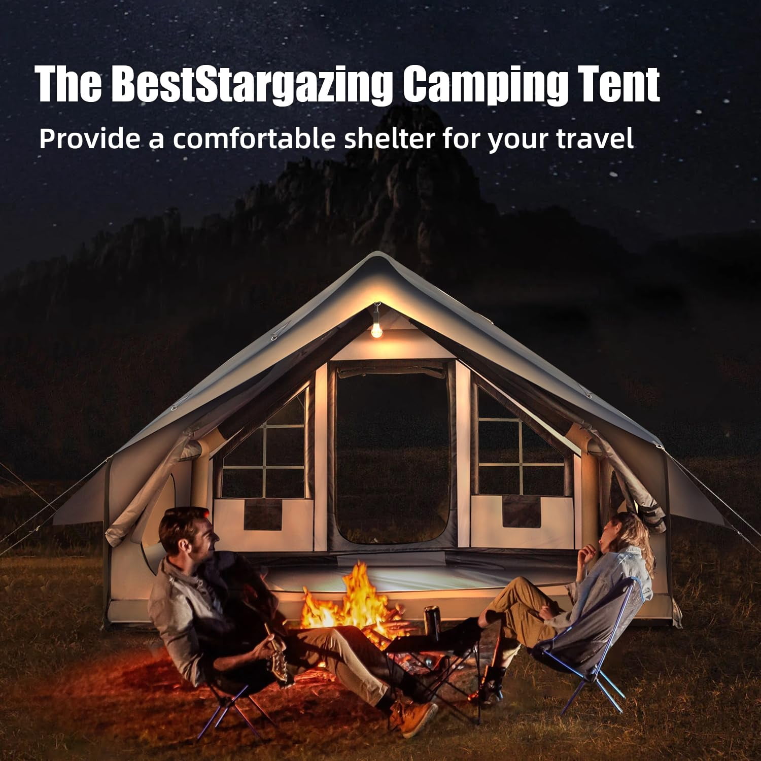 Inflatable Camping Tent With Electric Air Pump - 420d Heavy Duty Oxford 5 Min Auto-inflation Panoramic Stargazing Skylight 4 Season Luxury Glamping Cabin  4-10 Person Multiple Sizes
