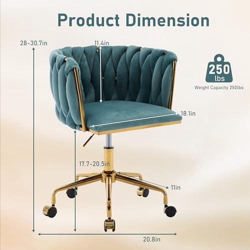 Tina's Home Velvet Office Chair With Gold Base - Adjustable Swivel Desk Chair For Study & Bedroom - View #2