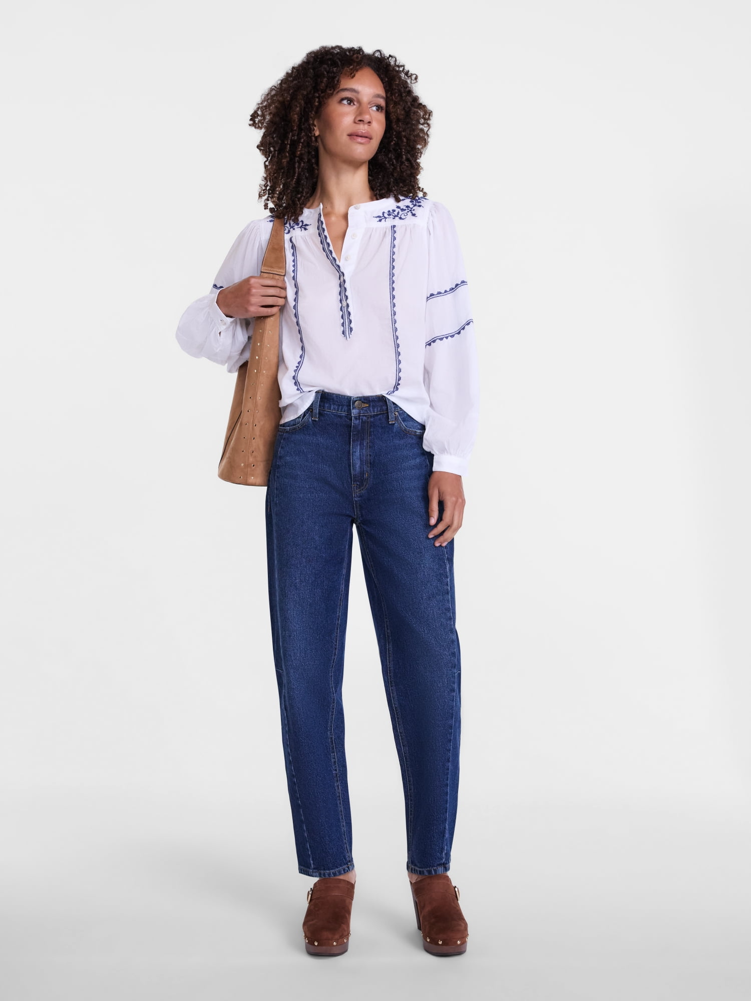 Scenario Women's and Women's Plus Embroidered Top with Long Sleeves, Sizes XS-4X