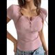 thumbnail image 2 of Camisetas de Verano de Corta con Cuello en V para Mujer, Blusa Informal de Punto Henley con Botones Rosa M, 2 of 8