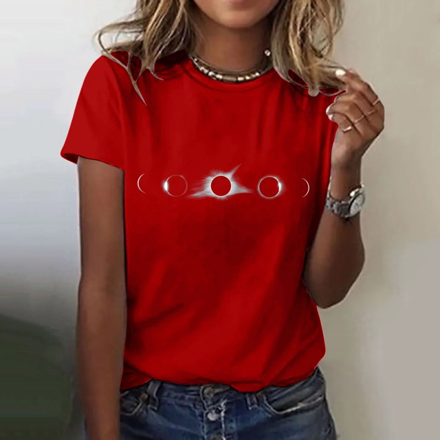 Hauts d'Été pour Femmes, Blouses Décontractées Élégantes 2024, T-Shirts à Imprimé Solaire, Col Rond, Manches Courtes, Rouge