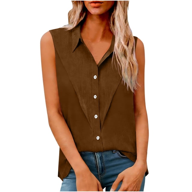 Mujeres de Verano Tank Tops Suelto Ajuste Solapa Botón Delantero sin Mangas Blusa Imitación Lino Casual, Verano Manga Larga Tops para Mujeres